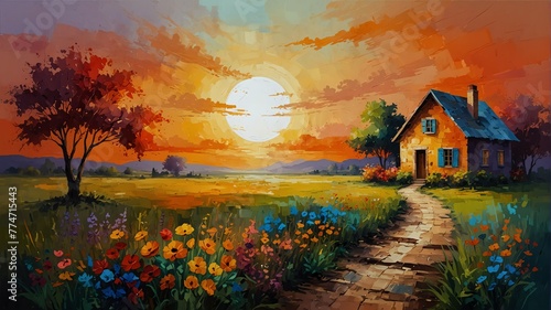 sunset colorful theme house landscape garden flowers summer abstract oil pallet knife paint painting on canvas large brush strokes art illustration background from Generative AI