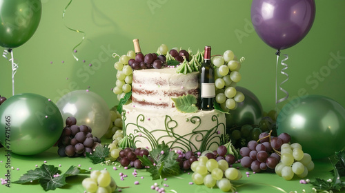 A sophisticated vineyard themed birthday cake with grapevine decorations and wine bottle accents, surrounded by green and purple balloons on a solid vineyard green background.