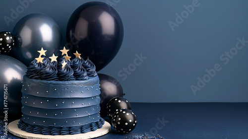 A space-themed birthday cake with dark blue icing and edible stars, next to dark blue and silver balloons on a solid midnight blue background.
