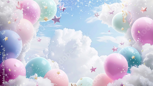 A soft and inviting happy birthday background, with a copyspace enveloped by pastel balloons, fluffy clouds, and sparkling stars, creating a dreamy celebration mood.