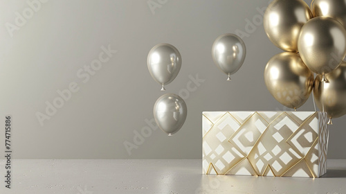 A sleek, modern birthday cake with geometric patterns in gold and white, next to floating metallic balloons on a solid grey background.