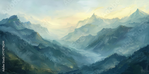 Landscape of mountains range with morning frog for panorama mountain background.