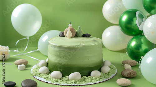 A serene Zen garden themed birthday cake with green tea icing and edible sand and rocks, accompanied by white and green balloons on a solid zen green background.