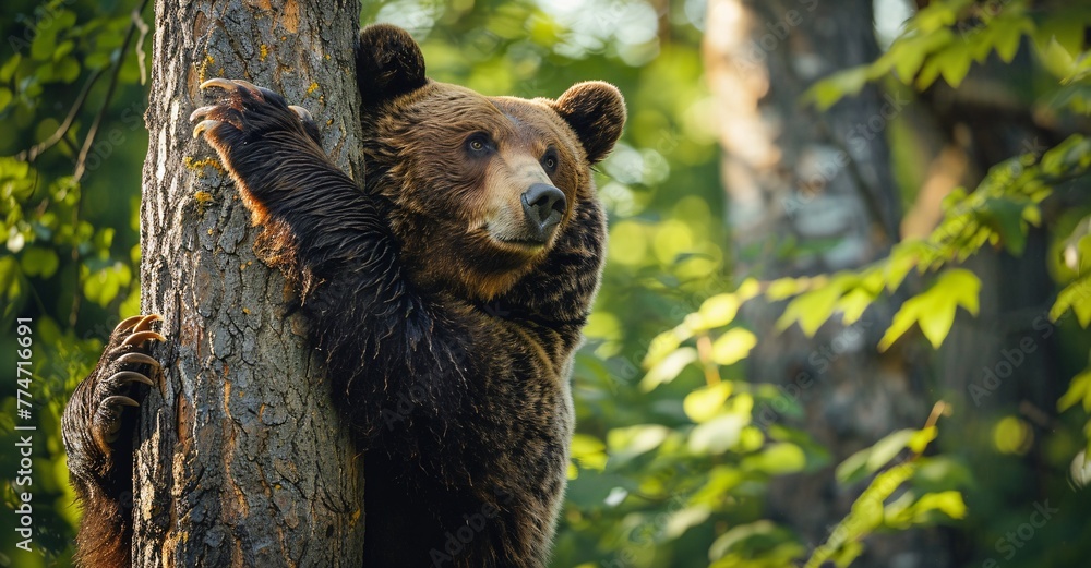 Bear Hug - A captivating image of a brown bear hugging a tree, showcasing its strength and connection to nature. Generative AI Bear Hug - A captivating image of a brown bear hugging a tree, showcasing its strength and connection to nature. Generative AI