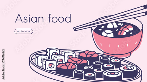 Online Asian food order and delivery, webpage design. Sushi set and Japanese soup, Japan cuisine, dishes, website UI, web-site page background, interface. Tasty meal template. Flat vector illustration