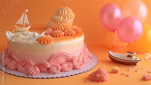 A romantic sunset cruise themed birthday cake with pink and orange icing, featuring edible waves and a fondant boat, next to pink and orange balloons on a solid sunset orange background.