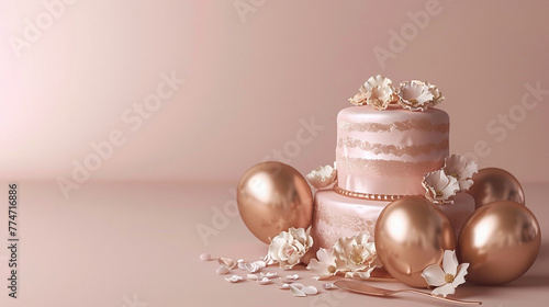 A romantic, rose gold birthday cake with delicate floral accents, accompanied by rose gold balloons on a solid blush background.