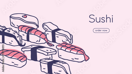 Japan nigiri, Asian sushi ordering website. Japanese cuisine, online delivery, web-site page design. Internet webpage background, interface template for restaurant, cafe. Flat vector illustration