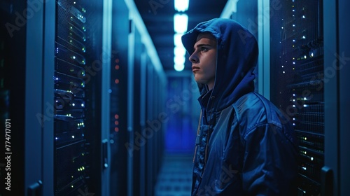 A Hooded Hacker Steals Information from Corporate Data Center