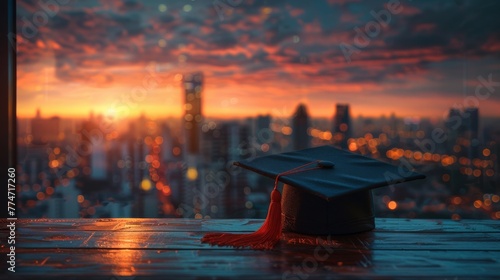 Graduation cap with a red tassel on a wooden surface against a backdrop of a breathtaking urban sunset, representing the end of an academic journey and the beginning of a new chapter.