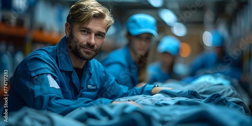 Man in blue uniform inspecting clothes at a dry cleaning facility with another employee in the background symbolizing the garment care service industry. Concept Garment Care Services photo