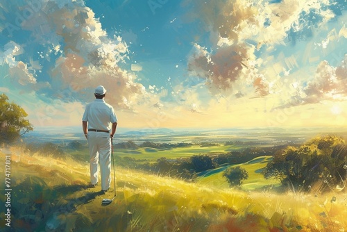 Full length portrait of professional golf player walking to the next hole on beautiful course, good golf game at sunny summer day on the course, bright flare sunset light