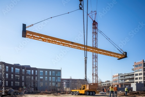 Crane lifting steel beams at a construction site concept, A truck crane lifts a large steel beam on a construction site, AI generated