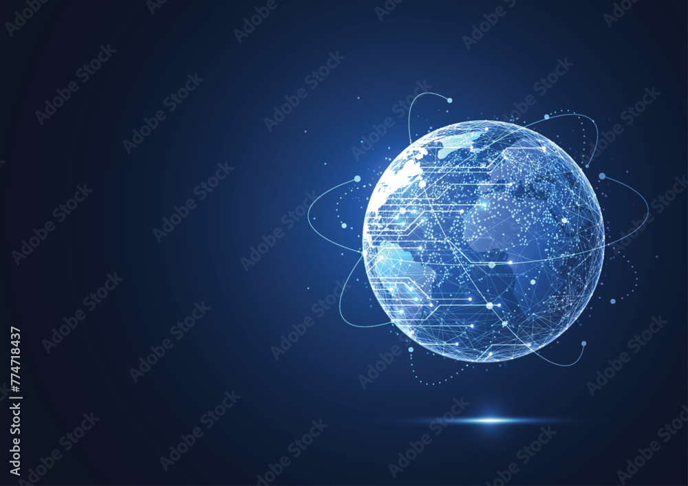 Global network connection with graph in futuristic concept for financial. World map point and Global business. Vector Illustration - obrazy, fototapety, plakaty 