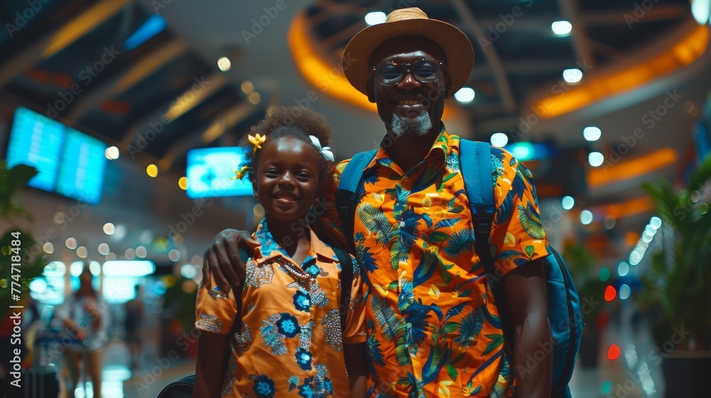 A man and a little girl standing in an airport, AI