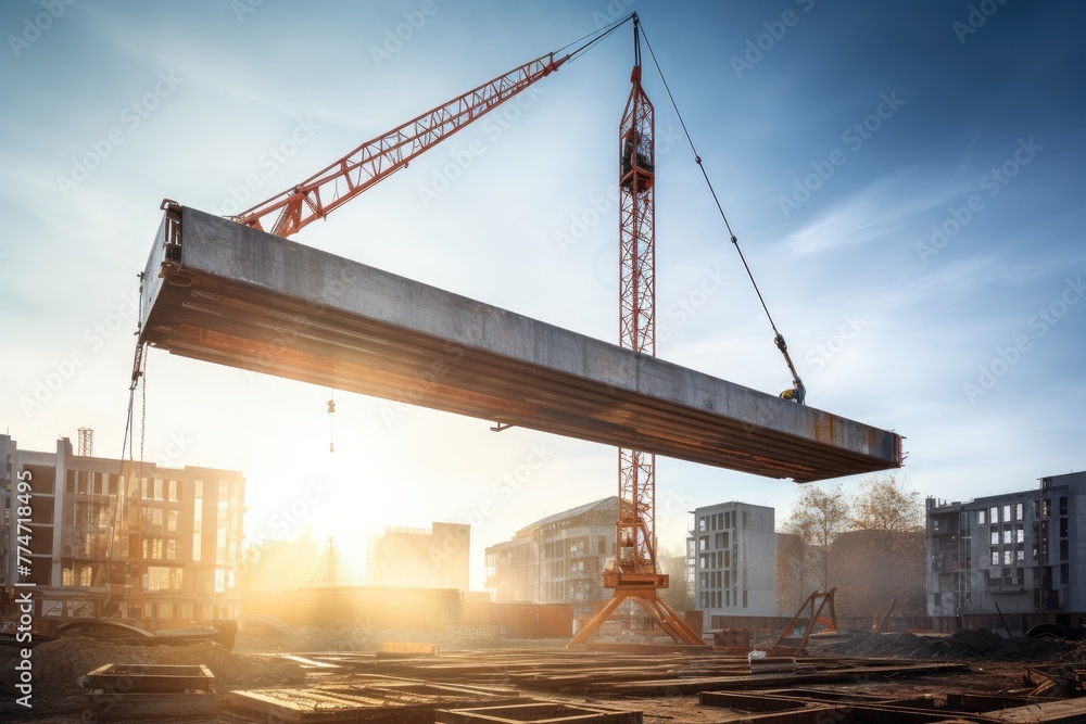 Crane lifting steel beams at a construction site concept, A truck crane lifts a large steel beam on a construction site, AI generated