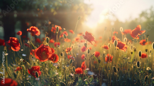 A sun-drenched summer meadow  alive with the vibrant red hues of poppies swaying gently in the breeze. 8K