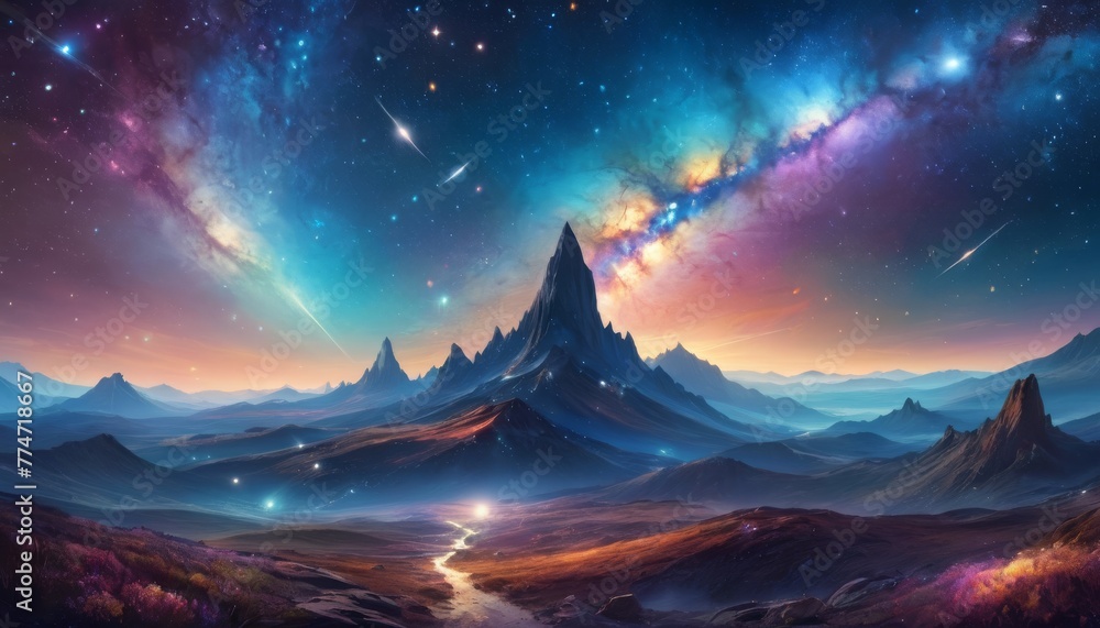 A fantastical landscape stretches under a night sky ablaze with galactic colors, shooting stars, and nebulous clouds, inviting wonder about the vastness of space.. AI Generation