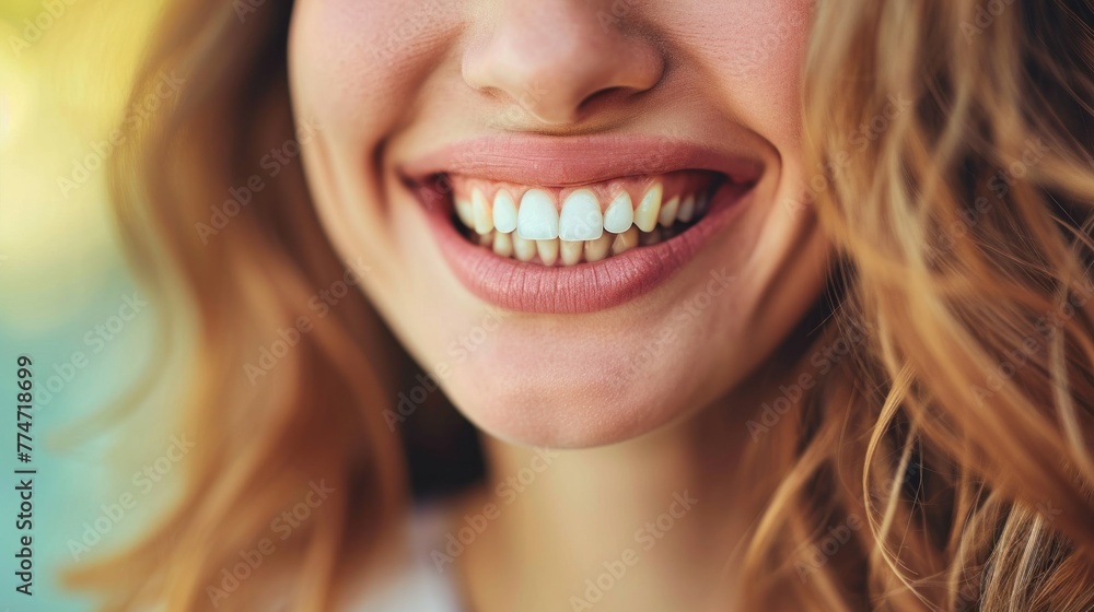 Obraz premium Beautiful female smile after teeth whitening procedure. Dental care. Dentistry concept