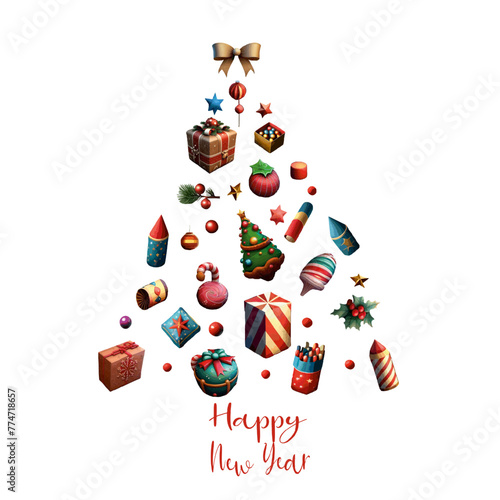 New Year's set. Garlands, gifts, deer, Santa Claus. Christmas tree. Postcard