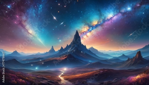 A fantastical landscape stretches under a night sky ablaze with galactic colors, shooting stars, and nebulous clouds, inviting wonder about the vastness of space.. AI Generation