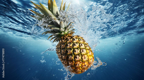 An HDR image of a pineapple slice making a splash in clear water, with the texture of the pineapple and the water's movement in stunning clarity. photo