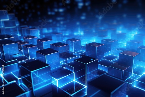 3d square and neon light line dark blue background  blue technology background with glowing cubes 3d rendering toned image 3D rendering  Ai generated