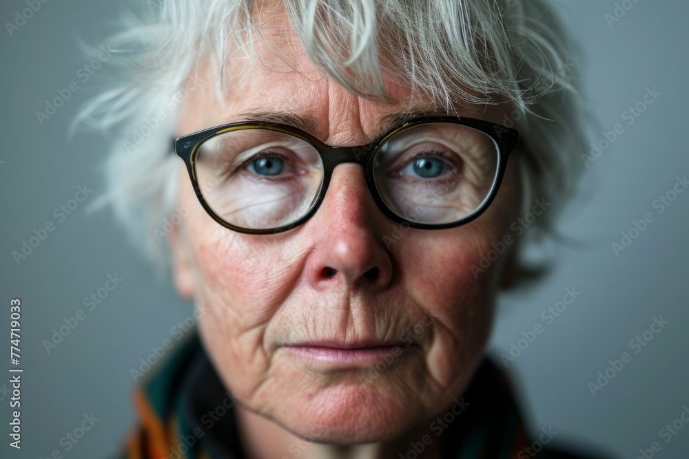Portrait of an old woman with glasses. Shallow depth of field.