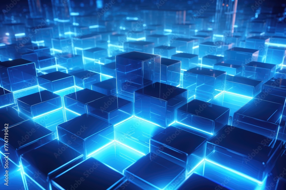 3d square and neon light line dark blue background, blue technology background with glowing cubes 3d rendering toned image 3D rendering, Ai generated 3d square and neon light line dark blue background, blue technology background with glowing cubes 3d rendering toned image 3D rendering, Ai generated