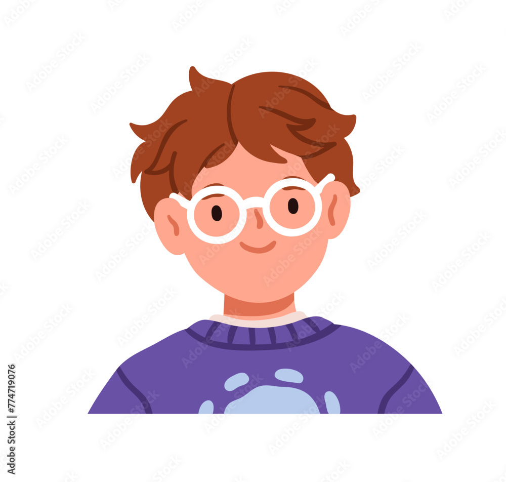 Cute boy in glasses smiling. Adorable happy child character in eyeglasses, eyewear, cheerful face expression. Smart preschool kid, head portrait. Flat vector illustration isolated on white background