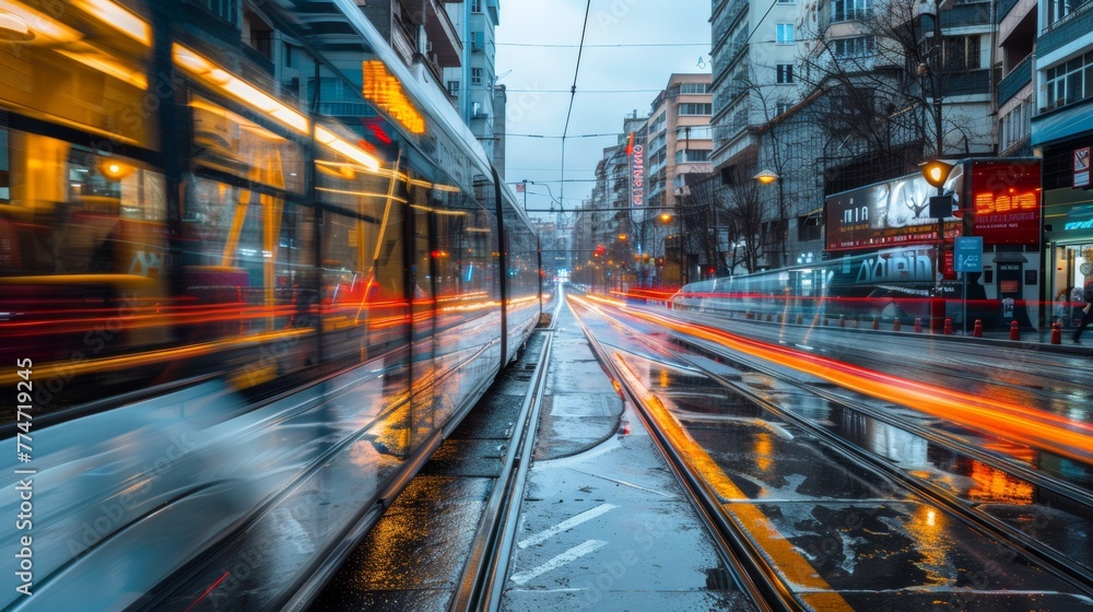 A train traveling down a city street with the lights of cars in front, AI A train traveling down a city street with the lights of cars in front, AI