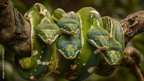 A group of green snakes coiled together on a branch photo