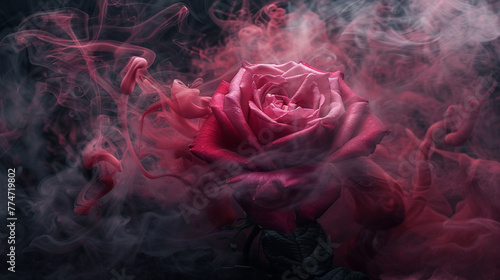 In stunning 8K resolution, witness the delicate beauty of a rose enveloped in crimson-hued smoke, creating an enchanting spectacle set against a velvety black background. 8K.