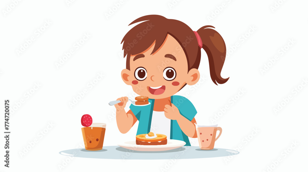 Cartoon little girl eating breakfast Flat vector 