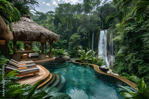 Lush Tropical Waterfall Oasis with Turquoise Pool and Thatched Hut in Idyllic Jungle Landscape for Luxury Vacation and Wellness Retreat photo
