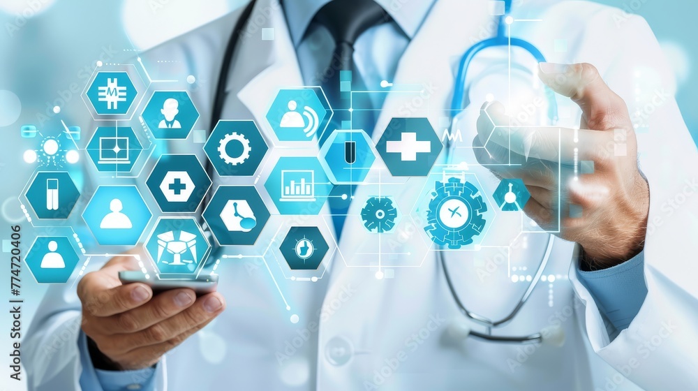 Human body hologram touch concept and medical icon network connection on virtual screen; technology innovation in science and medicine. Human body hologram touch concept and medical icon network connection on virtual screen; technology innovation in science and medicine.
