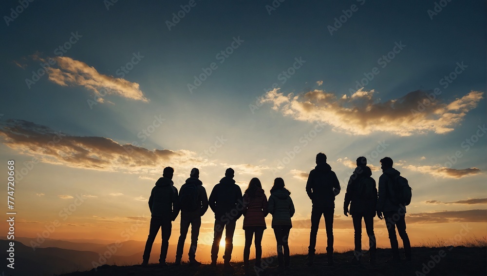 Panoramic view of team of people holding hands and helping each other reach the mountain top in spectacular mountain sunset landscape Panoramic view of team of people holding hands and helping each other reach the mountain top in spectacular mountain sunset landscape