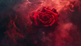 Witness the magical interplay of light and shadow as a rose is enveloped in vibrant red smoke, its contours accentuated against the velvety darkness, portrayed in stunning 8K detail. 8K.