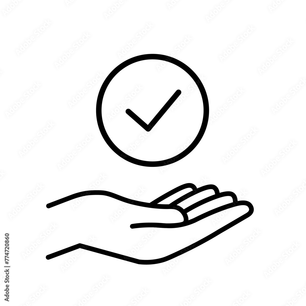 Check mark in hands icon. Excellent, best customer service, satisfaction, high quality symbol. Vector illustration. Check mark in hands icon. Excellent, best customer service, satisfaction, high quality symbol. Vector illustration.