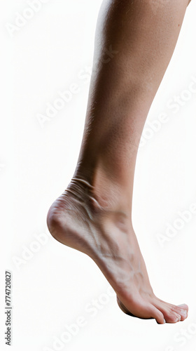 female ankle barefoot, profile view, fair retouched skin, white background