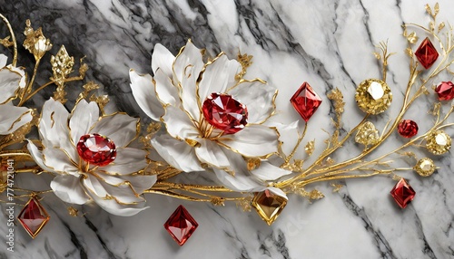 Opulent Red Diamond Floral and Gold Branch: 3D Wallpaper