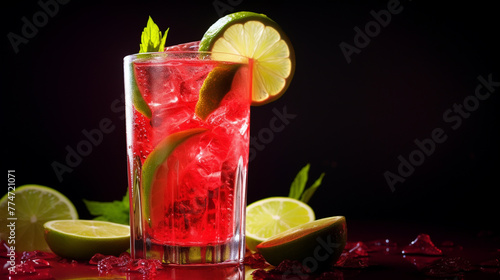 An HD image of a refreshing summer cocktail, with vibrant colors, a slice of lime, and ice cubes, perfect for a hot day. photo