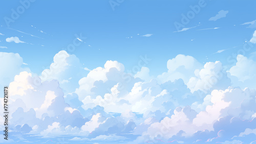 Hand drawn cartoon white clouds in the blue sky illustration background 