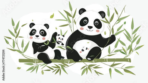 Cartoon mom and baby panda in the climbing bamboo 