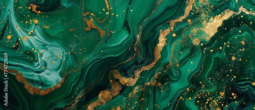 Background of an abstract design featuring a malachite green marble with gold glitter veins, a painted artificial marbled surface, and a fashion illustration showing fashion marbling.