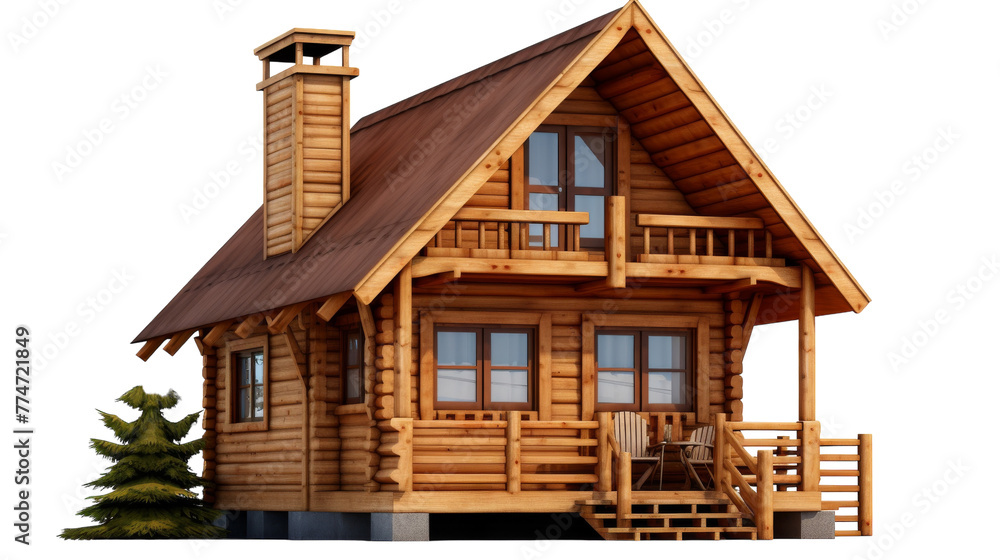 Cozy log cabin with a porch and stairs nestled in the forest Cozy log cabin with a porch and stairs nestled in the forest