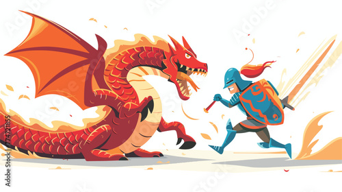 Cartoon of a knight running from a fierce dragon © Roses