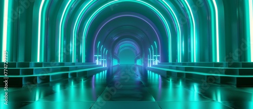 The 3D render shows an abstract blue green neon background, an ultraviolet lighting source, an empty night club room inside, a tunnel or corridor, glowing panels, a fashion podium, a stage decoration