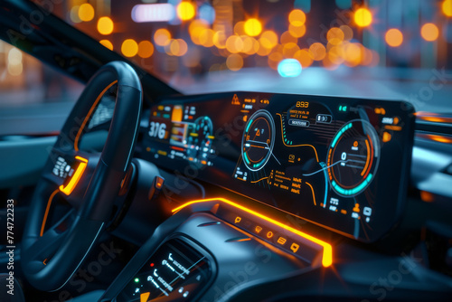 The dashboard is illuminated with bright colors, giving it a futuristic