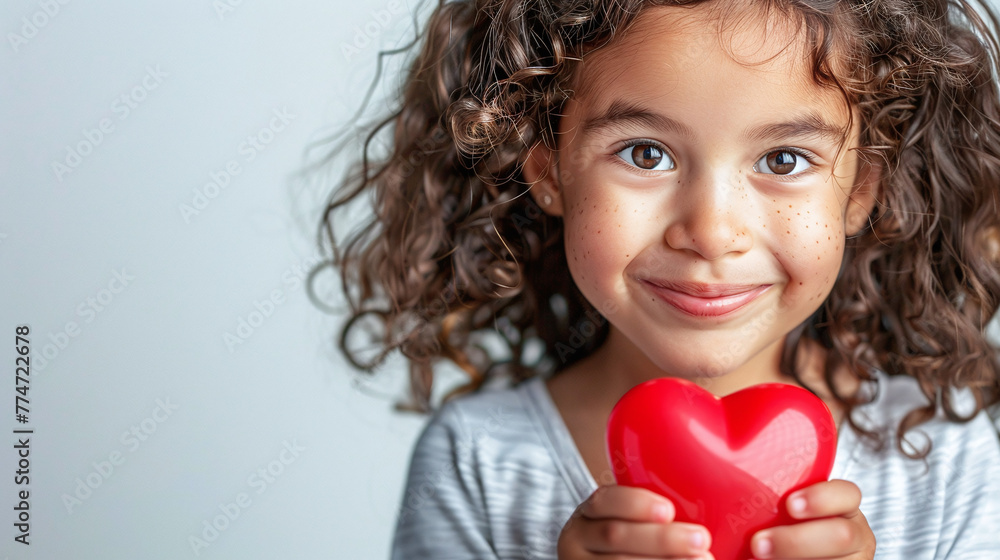 Little beautiful girl with curly hair holds a heart in her hands Little beautiful girl with curly hair holds a heart in her hands